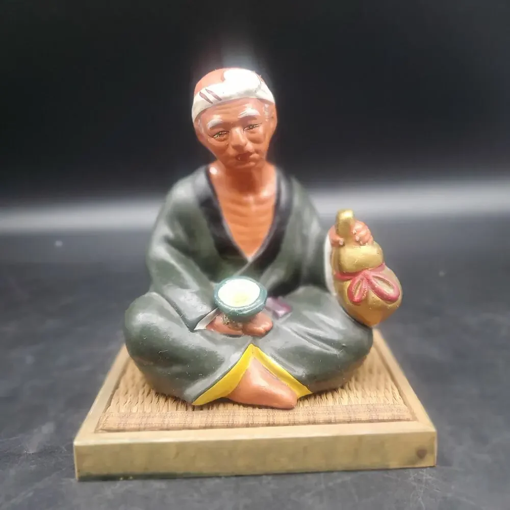 Vintage Asian Seated Man Figurine Holding Gourd Cup Woven Wood Base